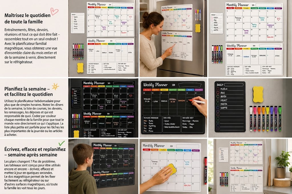 Organisateur Familial Magnétique – Tableau Mensuel, Hebdomadaire et Journalier