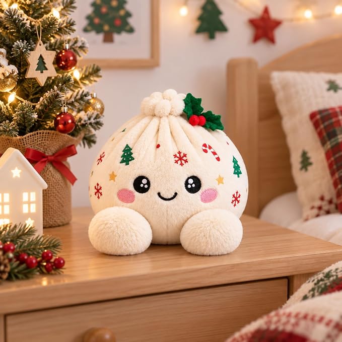 Peluches Dumplings de Noël – Peluches douces avec motifs festifs & jolie boîte vapeur