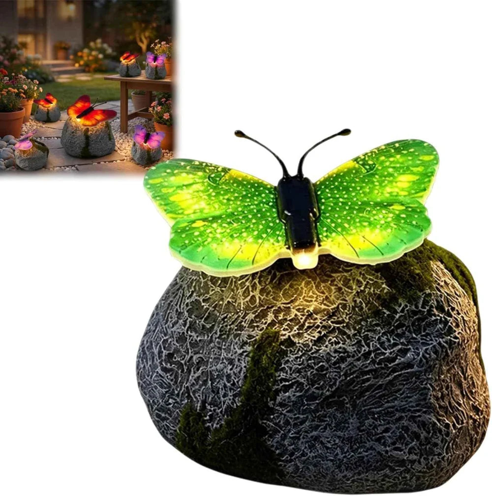 LunaGlow™ | Pierre de jardin solaire avec papillon lumineux intégré