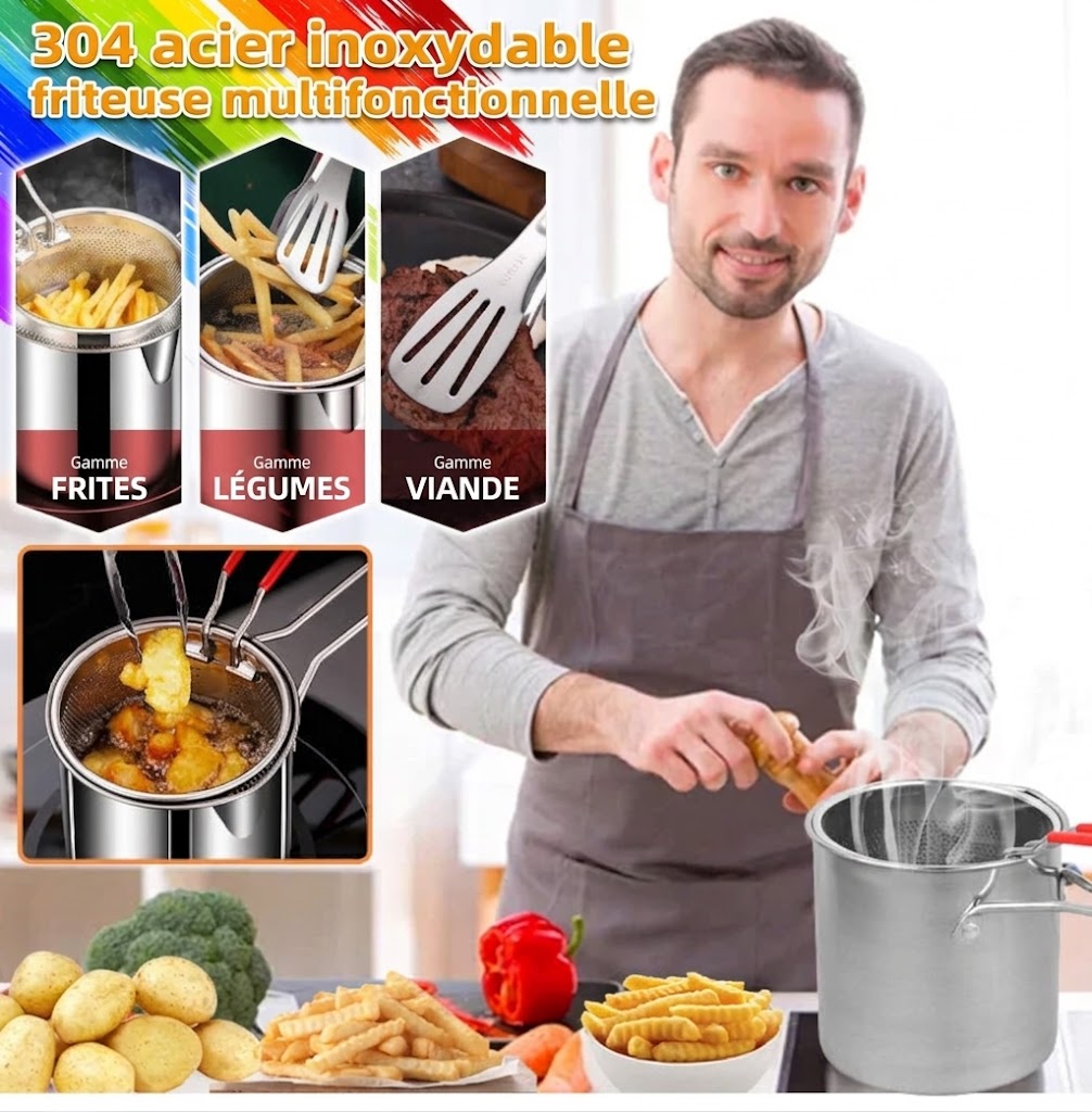 🍟🍤 -60% ! 🥘Friteuse Multifonctionnelle en Acier Inoxydable 304 – Anti-Éclaboussures, Économe en Huile & Polyvalente.
