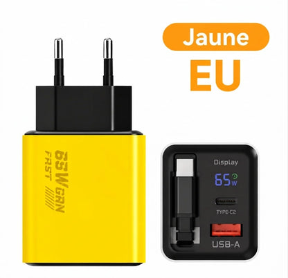 Chargeur Rapide Type-C 65W de 80 cm avec Ports USB et Type-C